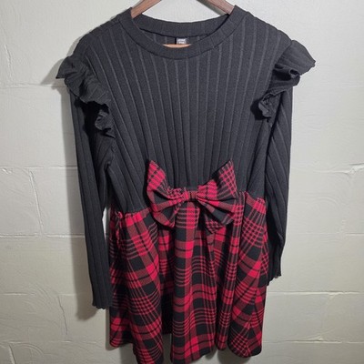 Shein Curve Womens Two Tone A-Line Midi Dress 3X Red Plaid Skirt Scottish Bow