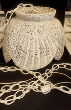 Vintage Boho Mid Century White Wicker Rattan Hanging Tulip Shade Lamp WORKS!