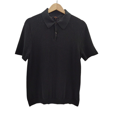Quince Women 100% Organic Cotton Mesh-Stitch Sweater Polo Black Sleeved Top M