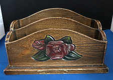 Vintage Wooden Letter Rack with a Carved and Coloured Rose (c. 1950s)