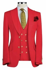 Men Red Designer Gold Button Wedding Grooms Dinner Suit (Coat+Vest+Pants)