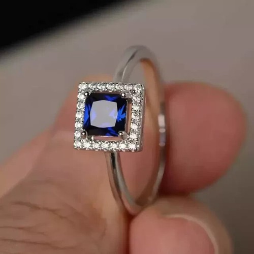 2Ct Princess Cut Blue Sapphire Lab-Created Engagement Ring 14K White Gold Plated