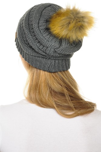 C.C Hat-43 Thick Warm Cap Hat Skully Faux Fur Pom Pom Cable Knit Beanie - Picture 43 of 166