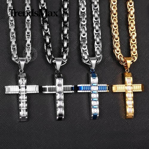 Stainless Steel Byzantine Link Rhinestone Cross Pendant Necklace 4 Kind Charms - Bild 4 von 15