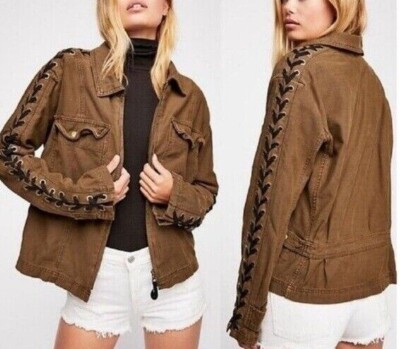 Free People Faye Military Jacket Lace Up Sleeve Cuff Cargo Pocket