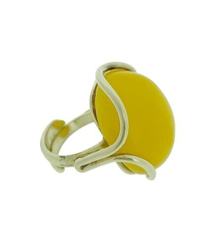 Bague En Argent Massif Avec Gros Cabochon D'ambre Et Inclusions - Taille 58, Occasion