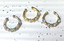 1pc 100% SURGICAL STEEL Non-Piercing Fake Septum Hanger 4 Crystal Gems Clip-on