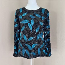 Vintage 1980s Silk Beaded and Sequin Top in Black and Turquoise