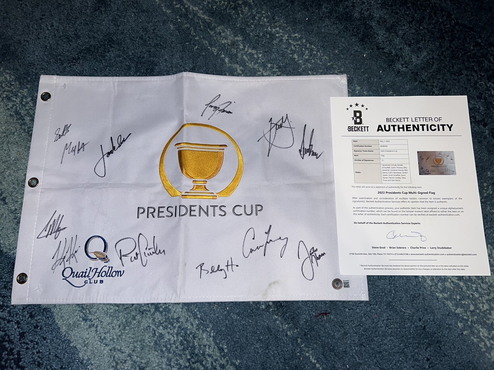 USA Team Signed Official 2022 Presidents Cup Flag Scheffler Speith Finau BAS LOA 