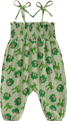 St Patricks Baby Girl Outfit Clover Print Spaghetti Strap Bubble Romper Jumpsuit