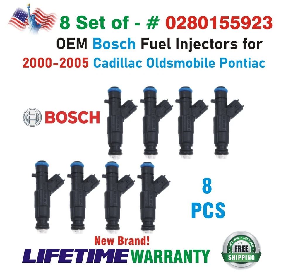 Новые оригинальные топливные форсунки Bosch 8 шт. для модернизации HP для Cadillac и Pontiac V8 2000-2005 годов выпуска - Изображение 2 из 4