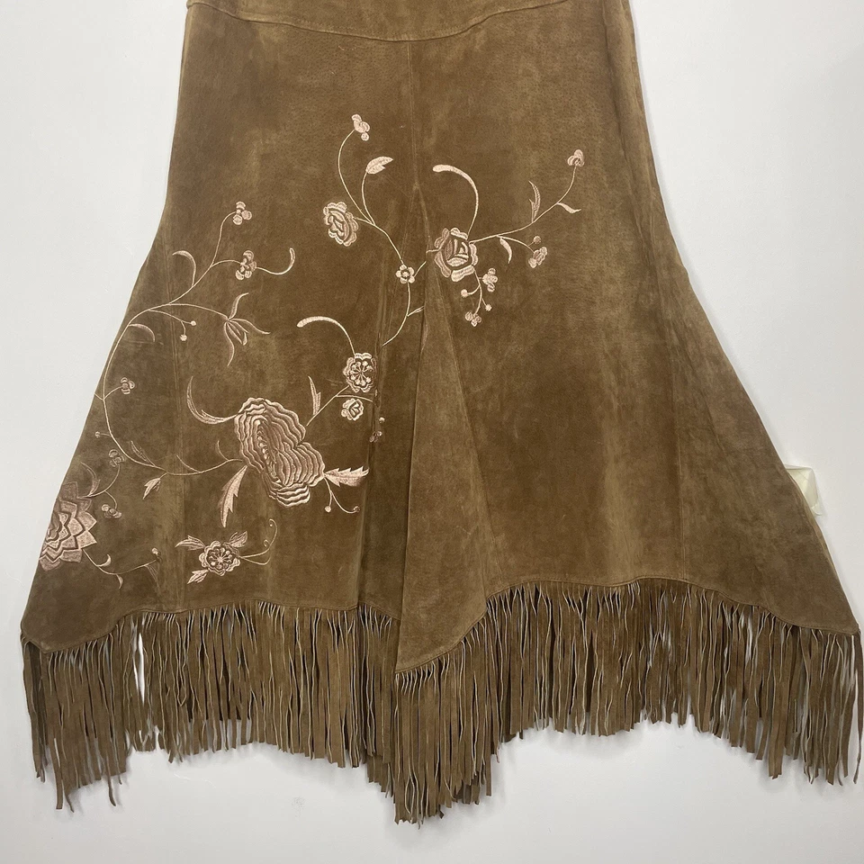 Falda de Cuero Gamuza Flecos Bordada Marrón Boho Western Hippie Festival Talla 4 Foto 2 de 4