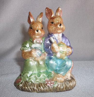 Ceramic Easter Bunny Couple Figurine - PAINTING EASTER EGGS