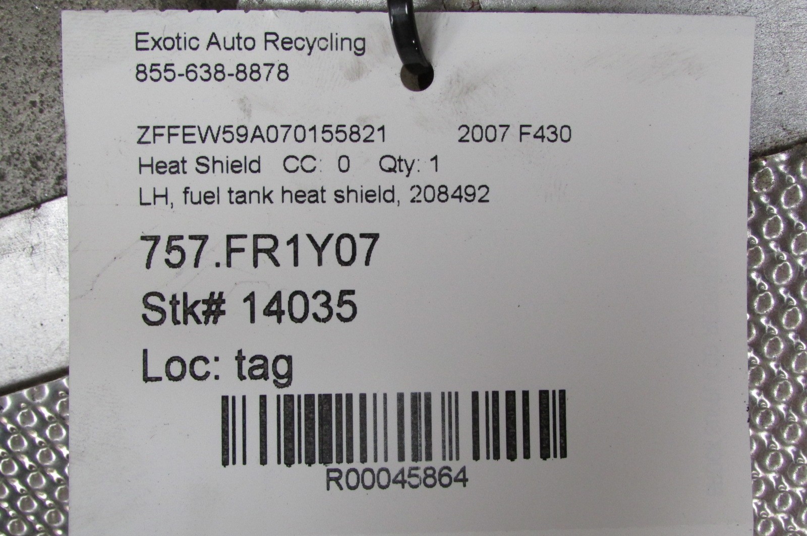 Ferrari F430, LH, Left, Fuel Tank Heat Shield, Used, P/N 208492