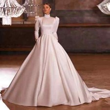 High Neck Satin Wedding Dresses Long Sleeves Buttons Back Muslim Bridal Gowns US