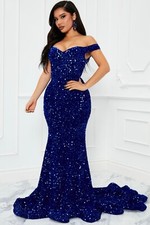 Off Shoulder Sequin Maxi Dress in “Navy Blue”