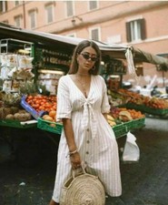 ZARA Ecru White Linen Bl Tie Knot Front Midi Stripe Summer Dress size XS 8 10 12