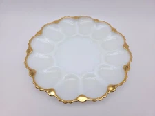 Vintage Anchor Hocking Milk Glass Deviled Egg Dish Plate Platter Gold Rim