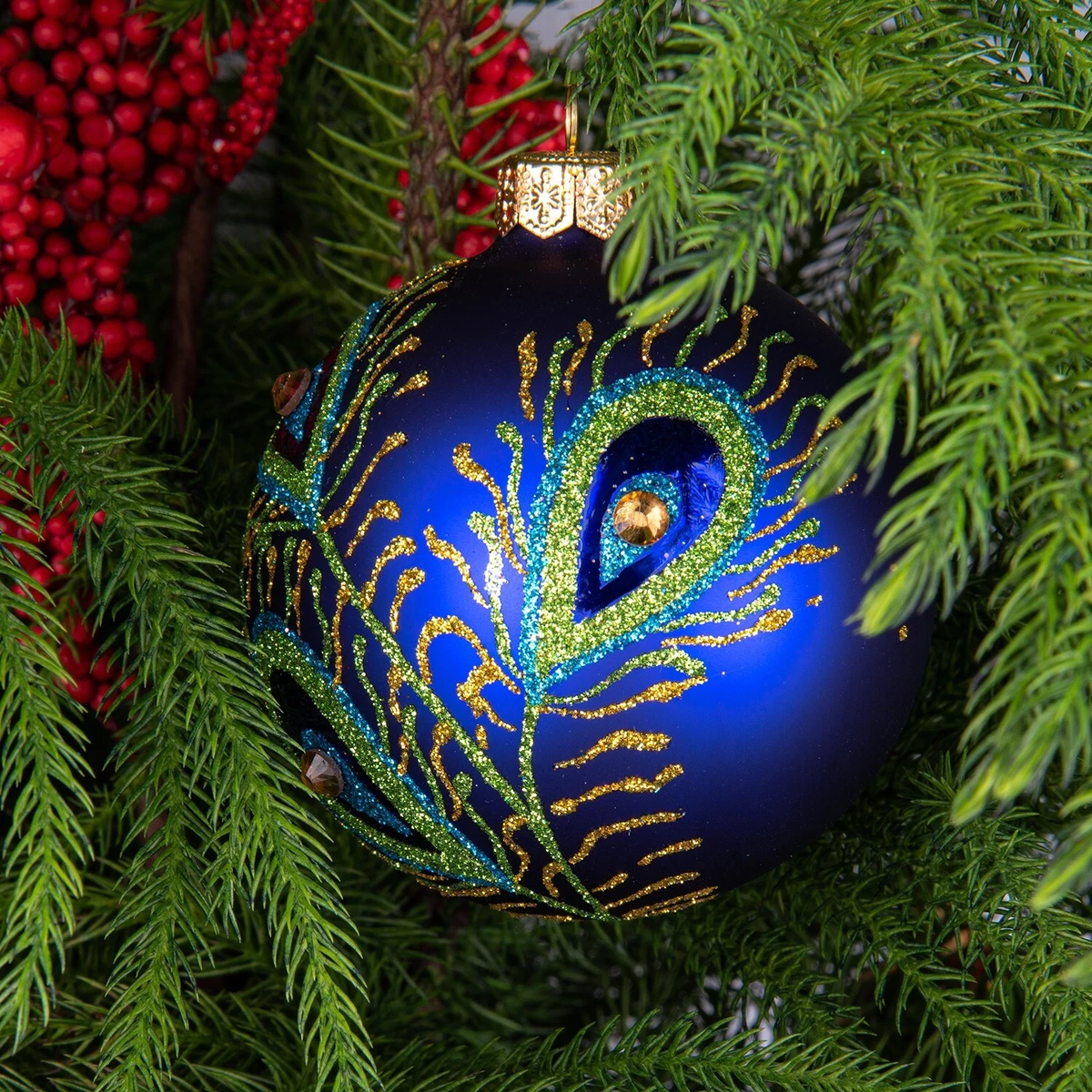 Peacock Feather Blue Christmas Glass Ball Ornament Bauble Made in Ukraine 3