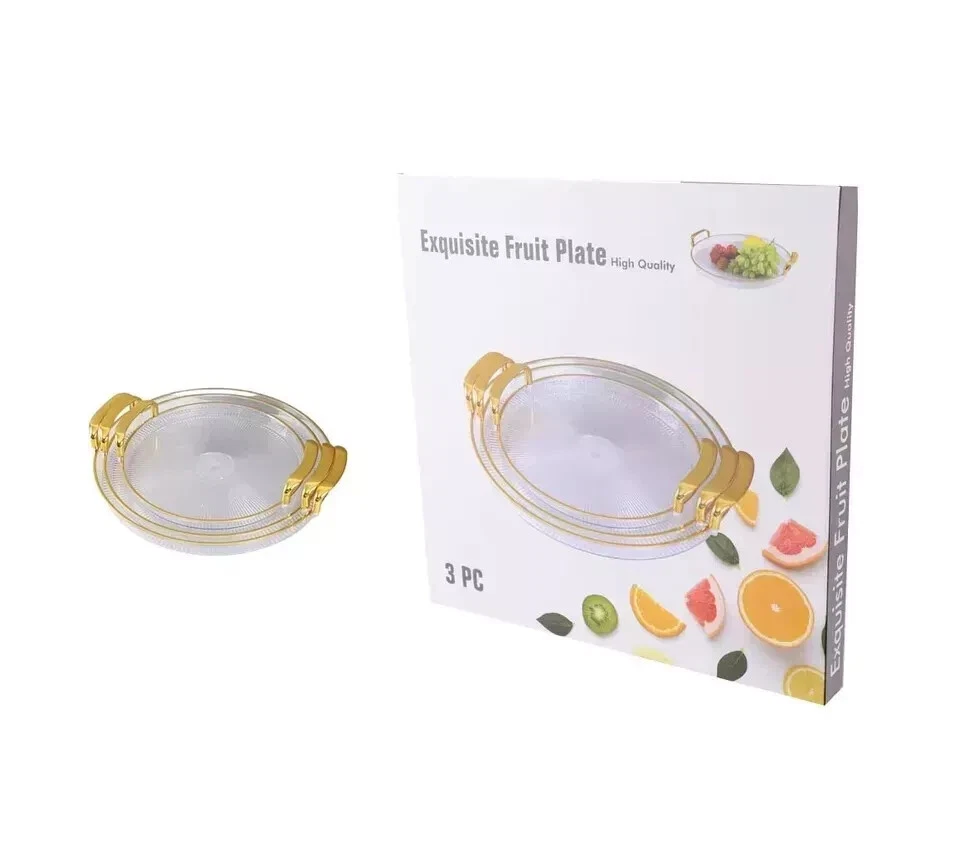3pcs Acrylic Round Serving Tray With Handles Kitchen Fruit & Snack Serving Gold - Image 2 of 4
