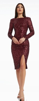 Dress The Population Erin  Sequined Cowl Back Midi Dress NWT size Large Port 