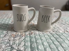 Rae Dunn 2 Beer Steins Mugs BEER SUDS White Black Magenta Artisan Collection