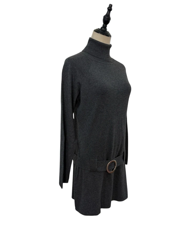 Vtg Y2K Grey Sweater Dress Turtle Neck Mod Mini Sz L Knit Retro 60s Style Boho - Image 4 of 4