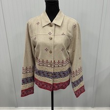 Coldwater Creek Women's Large Tan Linen Blend Embroidered Button-Up Jacket Artsy