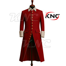 Image of Custom Red Regency Frock Coat White Trim 18th Century Historical Costume