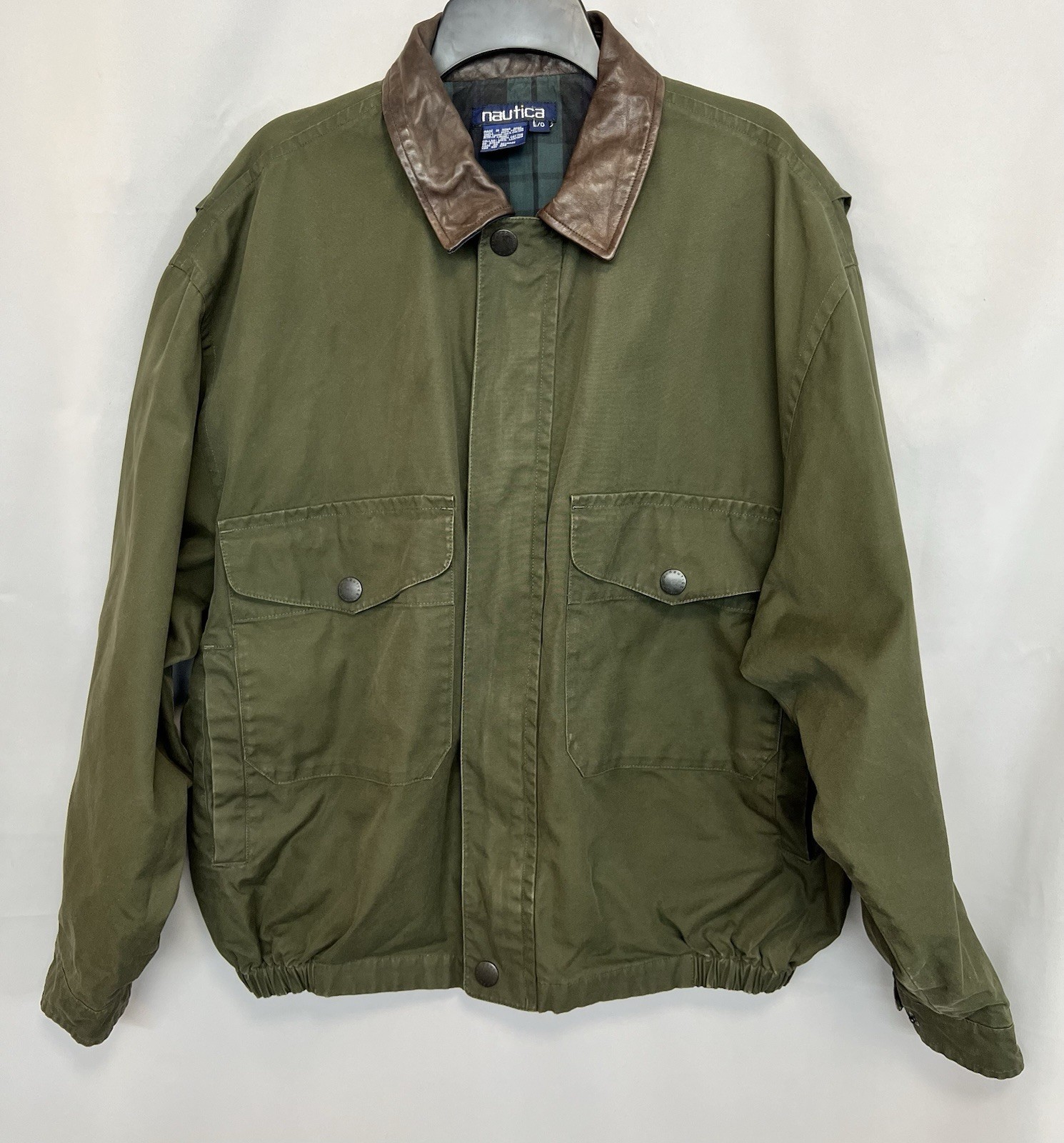 Vintage Nautica Y2K Leather Collar Bomber Jacket, Plaid Lined image 2