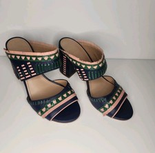 Tory Burch Blue Leather Heels Topanga Mule Size 8.5 Block Heel