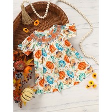 Toddler Baby Girl Pumpkin Smocked Dress Fall Thanksgiving Halloween Embroidered