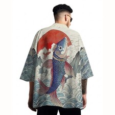 Niepce Men's Japanese Graphic Lightweight Aqua Nature Kimono Cardigan Shirt Top