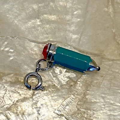 Pencil Shaped Charm for Bracelet Silver Tone , Teal & Pink Rhinestone