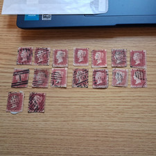 GB QV 1d One Penny Red perf A, B, C prime lettere usato 17 francobolli posta combinata