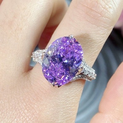 Sparkle Women Girl Jewelry Gifts Ice Flower Cut Purple Amethyst Gems Silver Ring