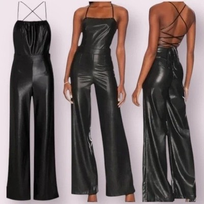 New Good American Faux Buttery Leather Wide Leg Halter Jumpsuit Size Small  RN10