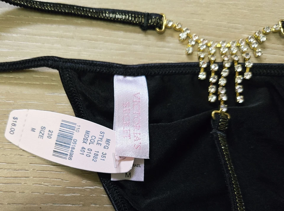NWT Vintage Victoria's Secret Black Smooth Rhinestone Bling V-String Panties M - Image 3 of 3
