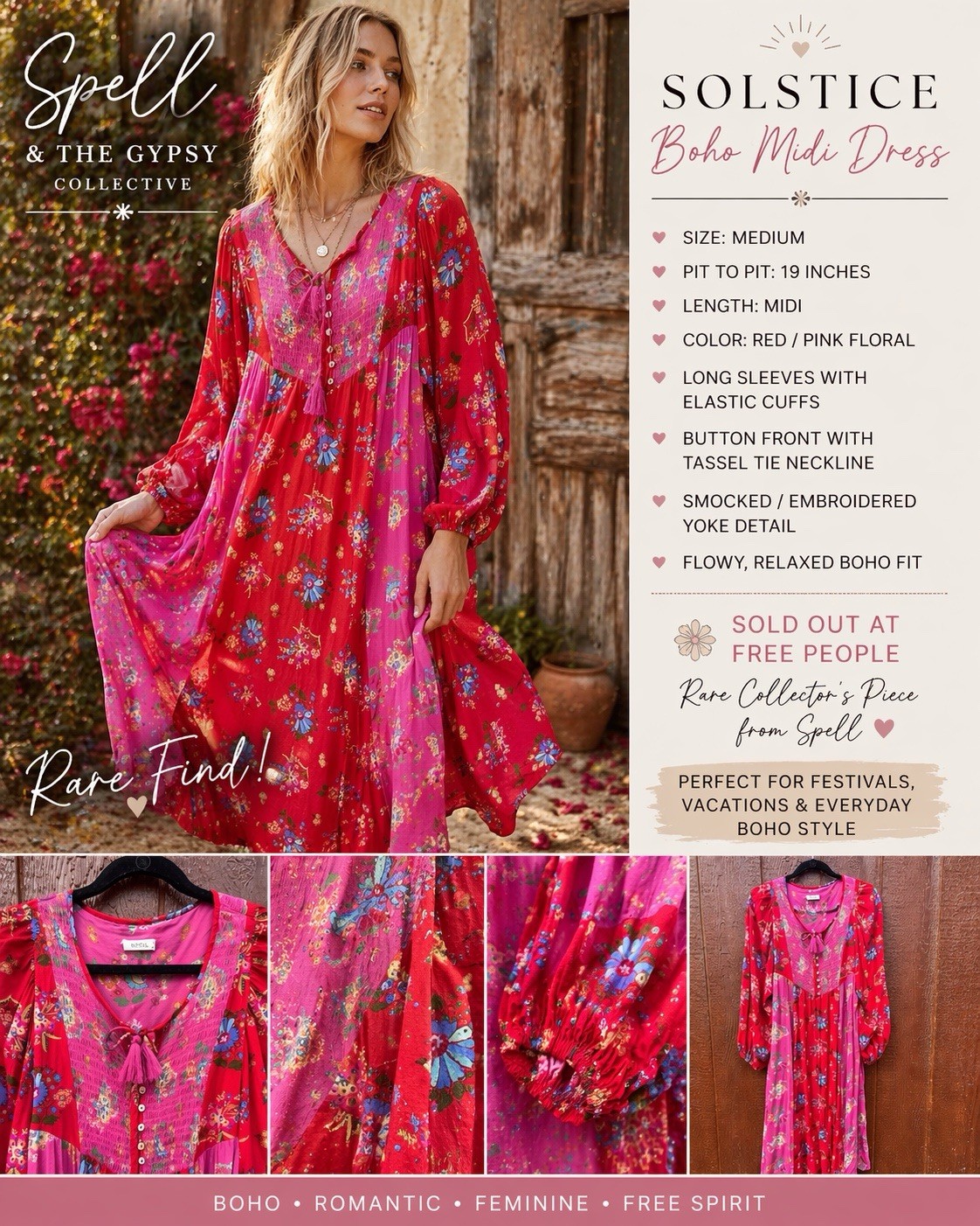 Spell & The Gypsy Collective Solstice Boho Midi Dress M Pink Red Floral Rare