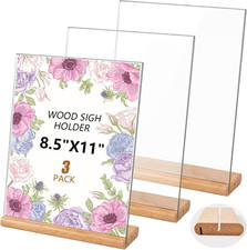 Acrylic Sign Holder 8.5 X 11 with Wide Heavy Wood Base, L/T Shape Clear Tabletop