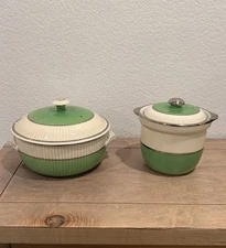 (2) Fraunfelter China Co. Art Deco Green and Ivory Hard Porcelain Covered Dish
