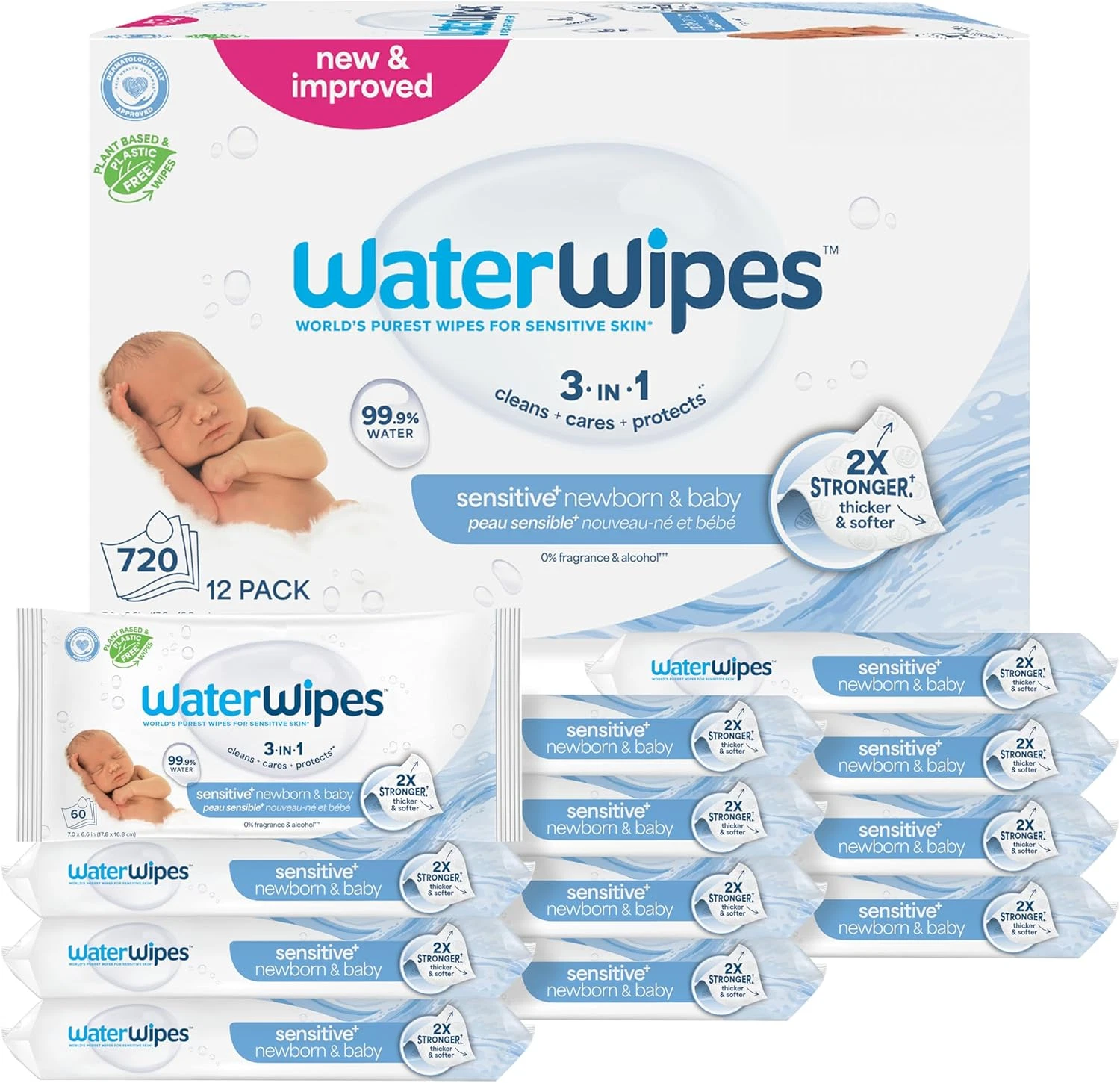 Sensitive Plus Newborn Baby Wipes Hypoallergenic Unscented 99.9 Water 720 Count