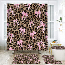 Onalasyc 4 Pcs Leopard Shower Curtain, Cheetah Bow Print Bathroom Set Shower