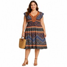 One World Boho Paisley Empire Waist Knee Length Dress Plus Size 1X