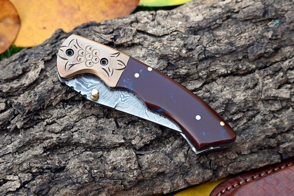 NAVAJA DE BOLSILLO HECHA A MANO FORJADA ACERO DAMASCO HOJA PLEGABLE ZS 423 Foto 4 de 4