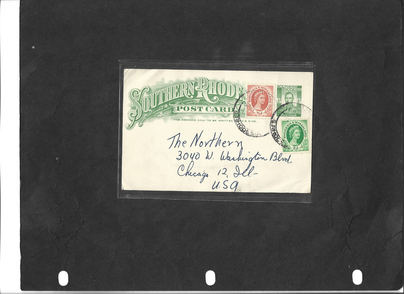 SOUTHERN RHODESIA- VERY FINE 1955 KG6 PS UPRATED WITH QE2 STAMPS,"HATFIELD"-US