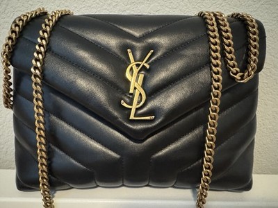 Saint Laurent YSL LouLou Black Chevron Quilted Small Shoulder Bag Gold Chain