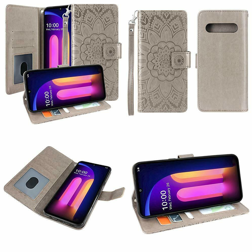 For LG V60 ThinQ Wallet Case Wrist Strap Card Holder Kickstand Cover Floral  Grey | eBay