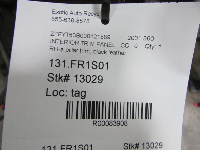 Ferrari 360, RH, Right A-Pillar Trim Panel, Black Leather, Used, Damaged
