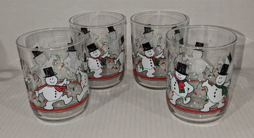 Set of 4 Vintage Libbey Dancing Snowmen Christmas Drinking Glass Tumblers 12 oz